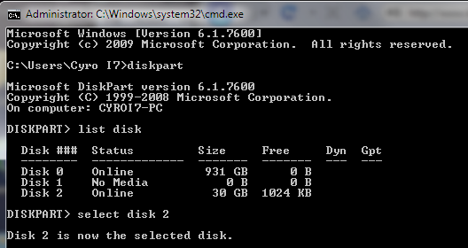 boot windows 7 usb diskpart